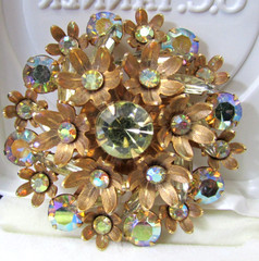Vintage Aurora Borealis (AB) Clear Rhinestone Floral Brooch Pin Gold Tone MCM