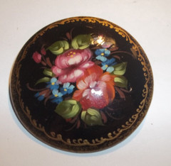 Lovely Hand Painted Round Lacquered Wooden Pin Signed Floral Made in RUSSIA