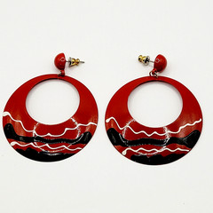 Large Metal Hoop Red Black White Enamel Hand Painted Pierced Vintage Earrings