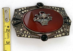 Art Deco Sterling Silver Carnelian Marcasite Brooch | 12 grams