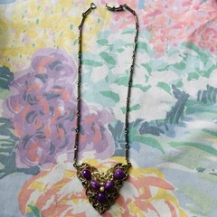 Vintage Chain Link Necklace With Purple Rhinestones Cabochon Beads AS IS