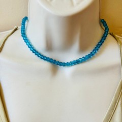 Vtg teal blue Glass Necklace Hand Cut Carved Beads Art Deco Czech Flapper 14″