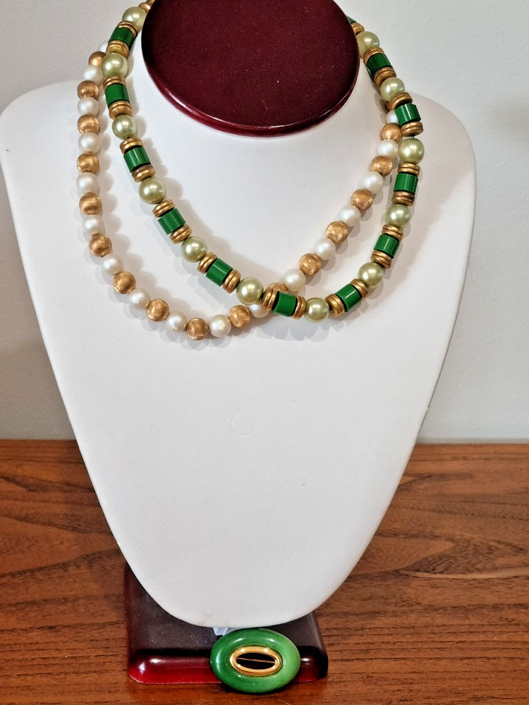 2 Vintage c 1960s 12k Gold Filled Bead Ball Pearl Necklaces Trifari Brooch Lot