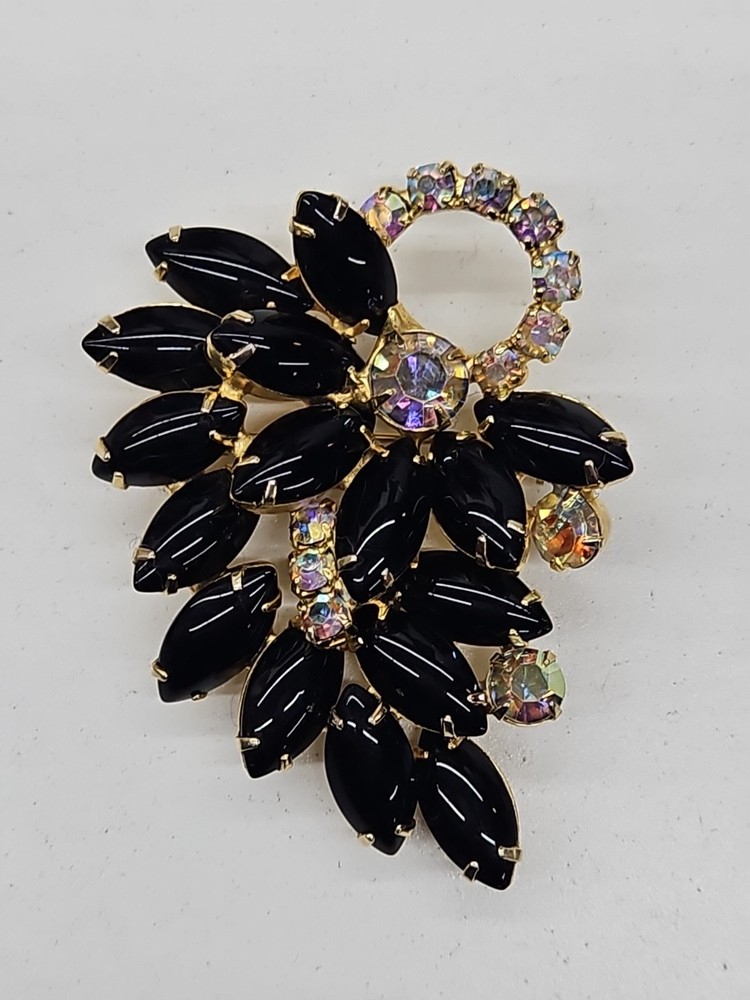 Juliana D&E Jet Black Marquise Flower & Crystal Rhinestone Highlights Brooch-(I)