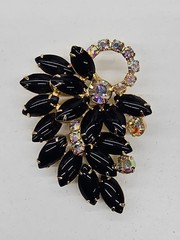 Juliana D&E Jet Black Marquise Flower & Crystal Rhinestone Highlights Brooch-(I)