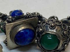 Italian Etruscan Revival 800 Silver Fob Charm Bracelet Semi Precious Stones