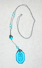 Art Deco Czech Pendant Necklace Floral Intaglio Carved Etched Blue Camphor Glass