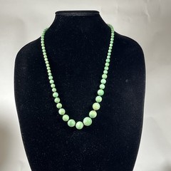 Vintage Green Hand knotted Beaded Necklace Graduated Size Plastic 26″ Faux Jade