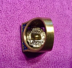 Vintage Gold Tone LAVINTAGE CHINA Blue Teal Rhinestones Square Ring