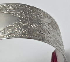 Vtg.Engraved Silver Tone Cuff Bracelet 6 in Floral Scroll Victorian Revival