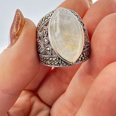 JTV Sterling Silver Ring Marcasite Quartz Wide Art Deco size 8.5 Marquise BBJ