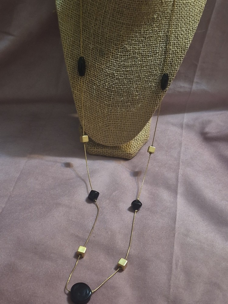 Vintage Long Gold-Tone Station Necklace with Black Acrylic Beads And Gold Cubes