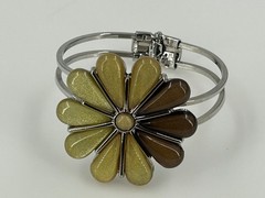Flower Cuff Vintage Style Bracelet Silver Tone Brown Yellow Enamel