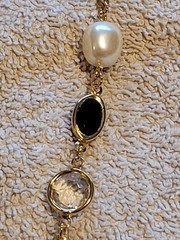 Vintage Gold-plated Bezel Set Clear Black Faux Pearl Necklace 36-in