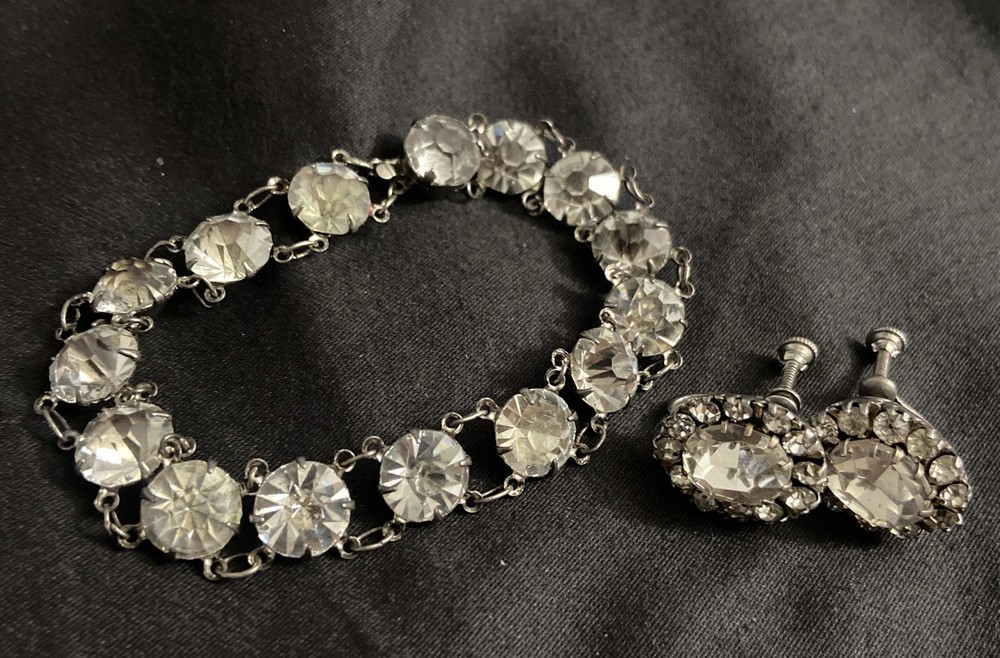 Antique Art Deco Sterling Silver 925 Paste Diamond Bracelet 7.2”Earrings Set 30s