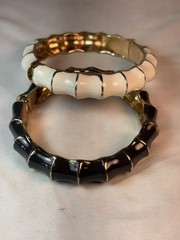 Vintage Black White Enamel Faux Bamboo Hinge Bangle Bracelet Set Gold Tone Pair