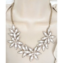 Lovely Gold White Tone Rhinestone Floral Collar Necklace by TALBOTS 21″ NOS