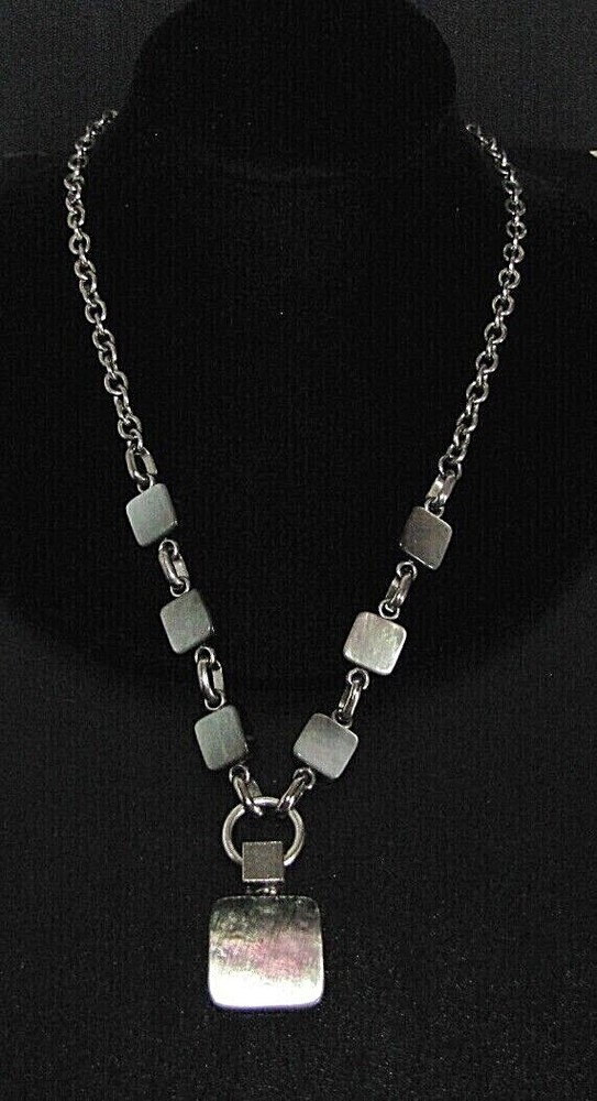 Cecilia Bringheli Necklace Vintage Black Silver Lucite Pendant Square Signed