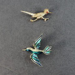Jewelry Lot Bird Brooch Pin Eagle Hummingbird Roadrunner Rhinestone Enamel Gold