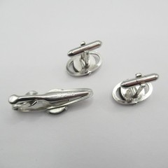 Swank Black Lucite Carved Cameo Cufflinks Tie Bar Clip Set Vintage MCM