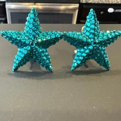 Vintage Richard Kerr Aqua Blue Starfish Clip Earrings Rhinestone 80s Statement