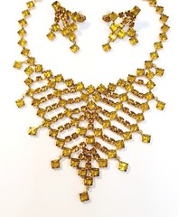 Vintage Schreiner Light Topaz Square Rhinestone Bib Necklace & Earrings