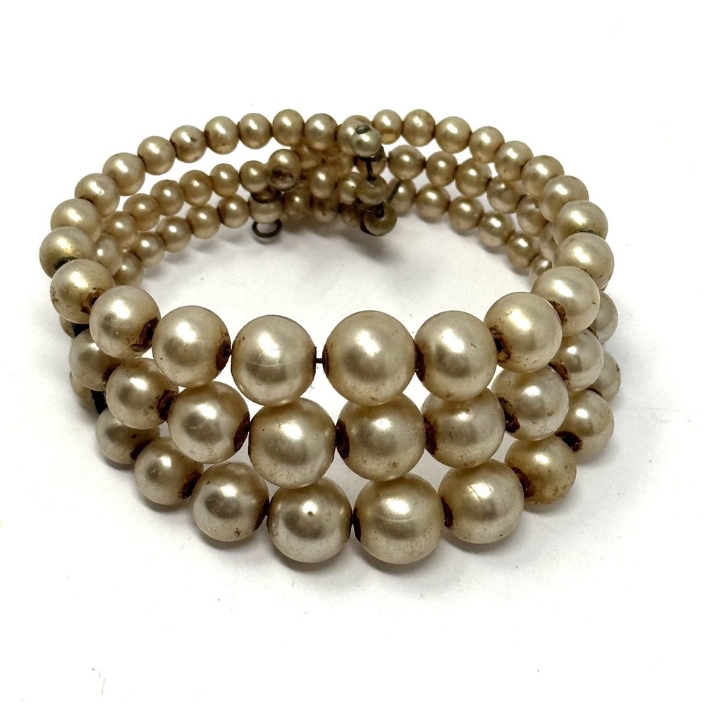Vintage Faux Pearl Wrap Cuff Bracelet Spring Wire Beaded Fits All Champagne