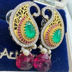Indian Bridal gold kundan real ruby pearls cubic zirconia green glass earrings