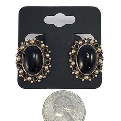 SILVER and Black ONYX CLIP Artisan Earrings Vintage Oval Open Work 1″ 9.48g