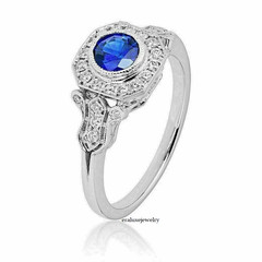 Art Deco Style Round Sapphire & Lab Created Diamond 14K Gold FN Anniversary Ring