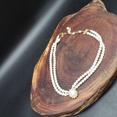 VTG Faux Pearl Double Strand Necklace Gold Tone Rhinestone Oval Center 16″
