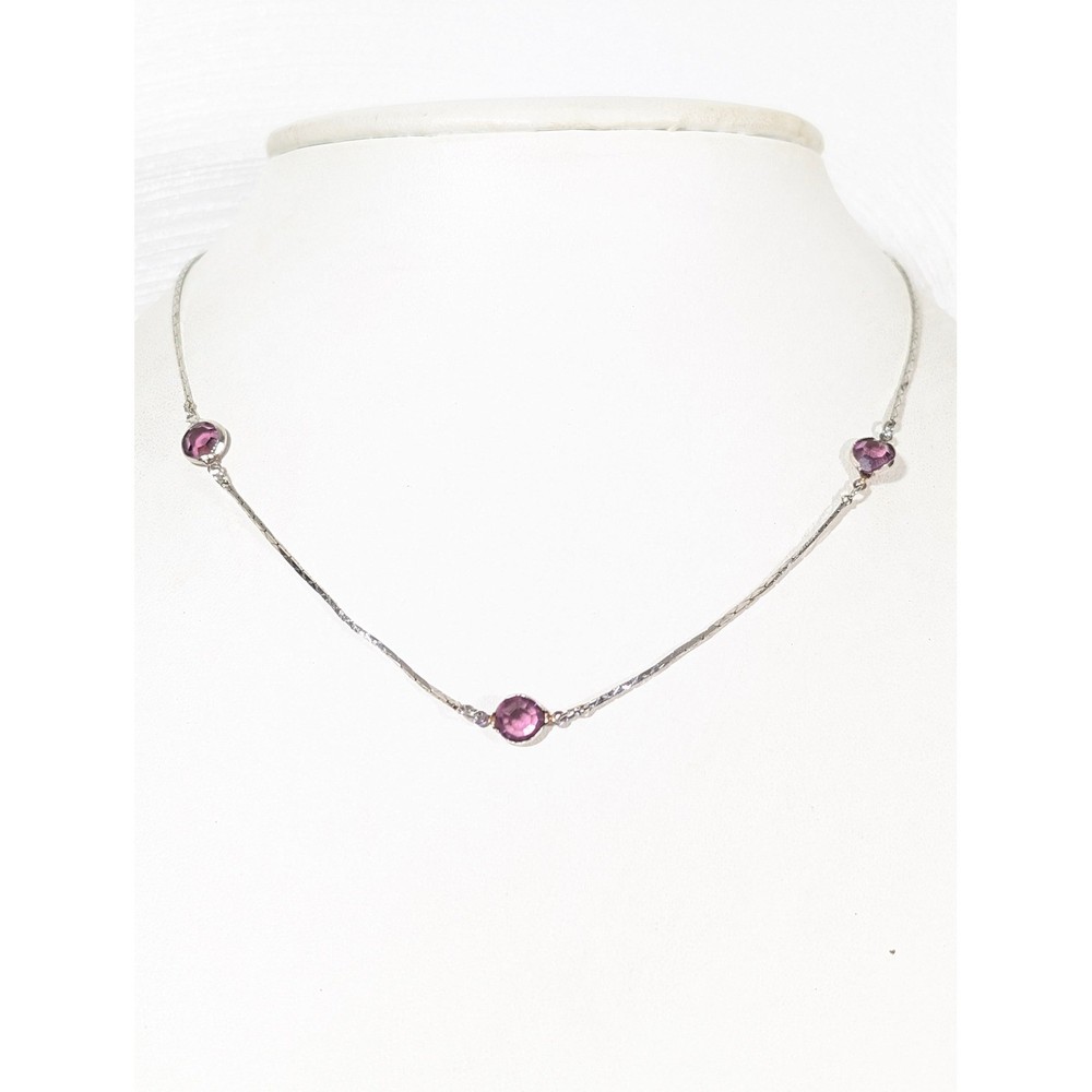 Vintage Medici Purple Glass Station Necklace Silver Tone Bezel Set 16″