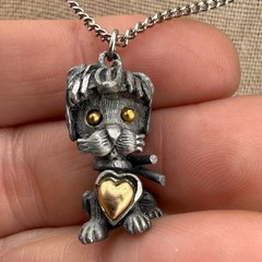 Vintage Cat Necklace Silver Tone Pewter Love Heart 19”