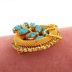 Hobe Rhinestone and Blue Art Glass Cabochon Gold Mesh Brooch Vintage