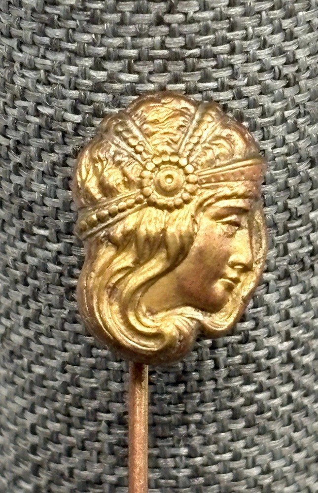 Vintage Art Nouveau Lady Face Stick Pin Gold Tone Brass Antique Victorian Era