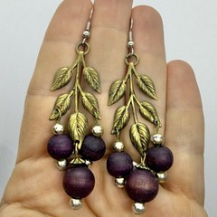 Vtg Big Art Nouveau Brass Leaves Chandelier Burgundy Bead Statement Earrings