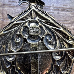 Vintage 1930s Signed Czech Dangle Pendulum Clock Brooch Glass Enamel & Porcelain