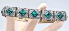 VTG ALLCO AL Lindroth 1920’s Art Deco Green & Clear Rhinestone Link Bracelet 7″