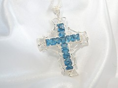 Large Sterling Silver 925 Heated London Blue Topaz Cross Pendant Necklace