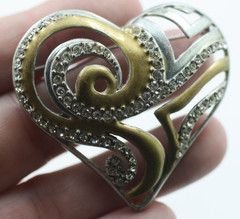Signed Chico’s Have a Heart Brooch Pin Silvertone, Gold tone Rhinestones 2008
