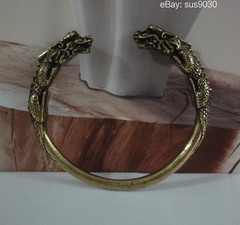 Solid Brass Double Ancient Dragons Figurine Statue Bangle 56MM