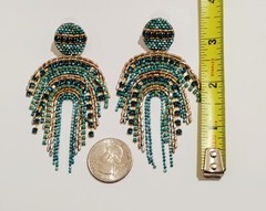Turquoise Blue Gold Seed Bead Fringe Chandelier Earrings Elegant Boho Statement