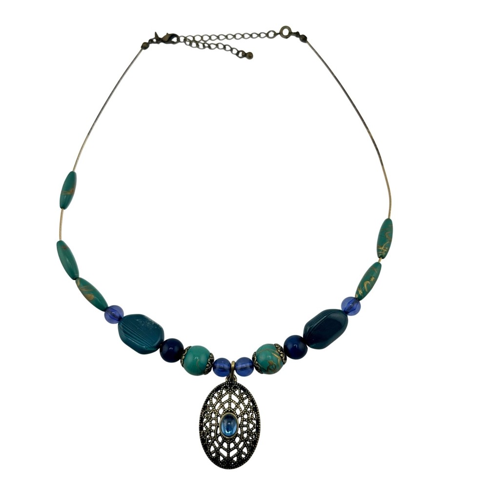 Avon Vintage Style Blue Teal Antiqued Gold Tone Beaded Pendant 20″ Necklace