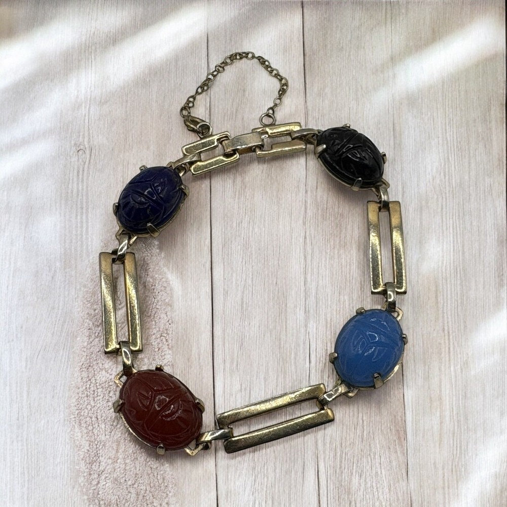 Vintage Egyptian Revival Carved Glass Scarab Bracelet Safety Chain READ