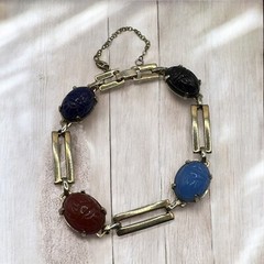 Vintage Egyptian Revival Carved Glass Scarab Bracelet Safety Chain READ