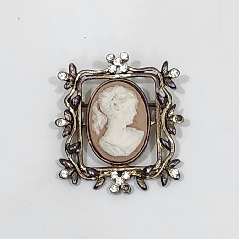 Vintage Cameo Brooch Gold Tone Floral Square Frame Crystals Signed AAi