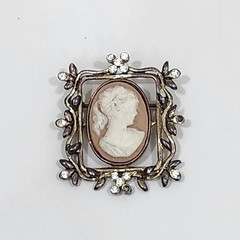 Vintage Cameo Brooch Gold Tone Floral Square Frame Crystals Signed AAi