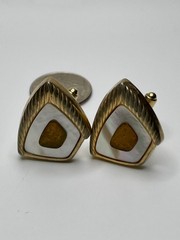 Vintage Anson Gold Tone Mother of Pearl Shield Mid Century Textured Cufflinks
