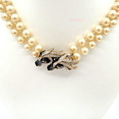Vintage Signed Panetta Double‑Strand Pearl Necklace | Rhinestone Horse Head