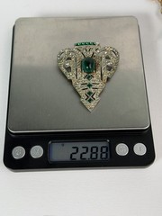 Vintage Art Deco Costume Green And White Rhinestone Clip On Brooch